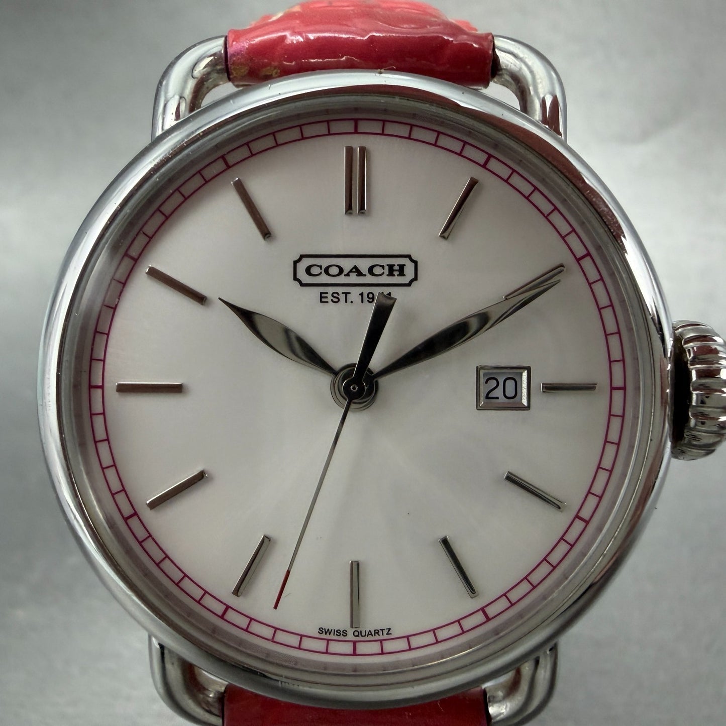 Coach Watch Women 40mm White Dial Steel Date Round Pink Band New Battery1