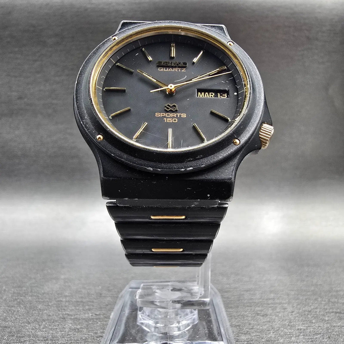 Seiko Sports 150 Watch Men 36mm Black Dial Two Tone Daydate 5H23-7029 New Batt J5
