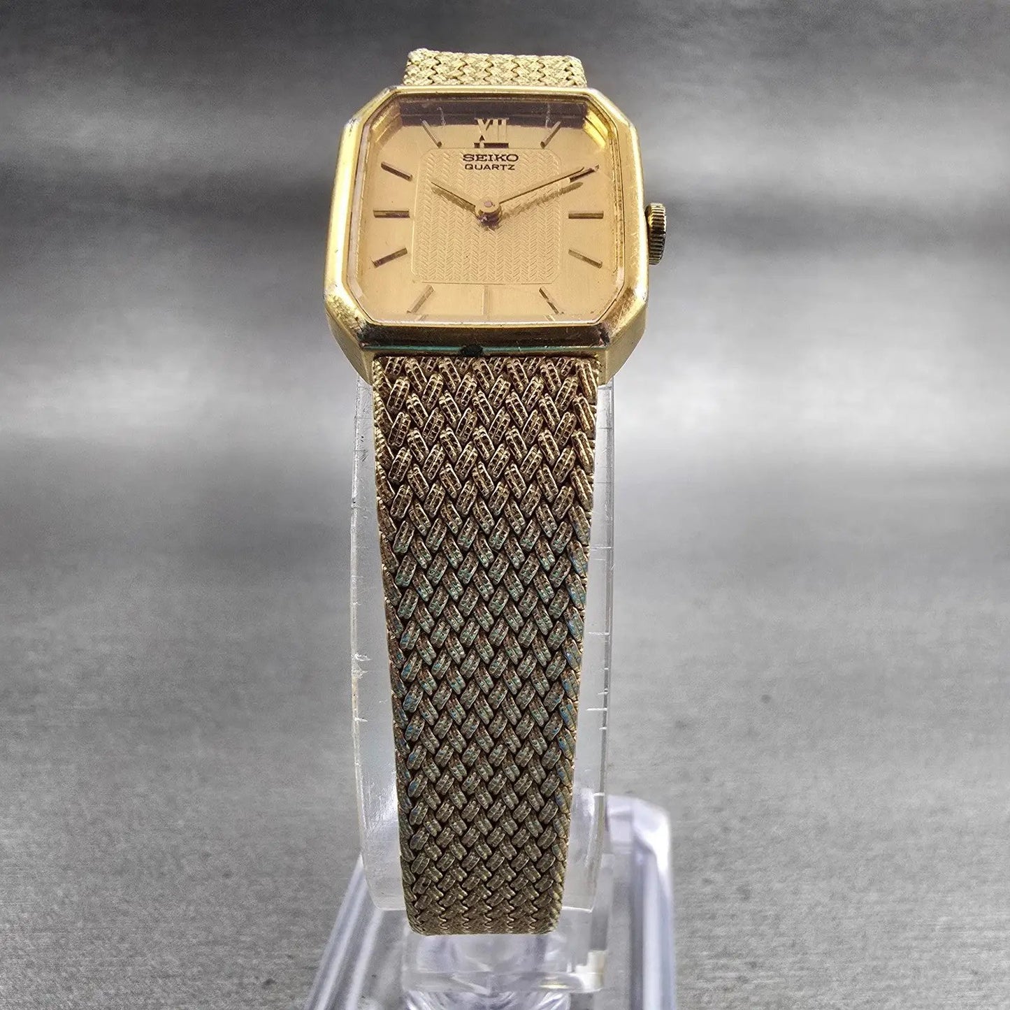 Seiko Watch Women 17mm Gold Dial Gold Tone Rectangle 1400-8089 New Battery VTG5