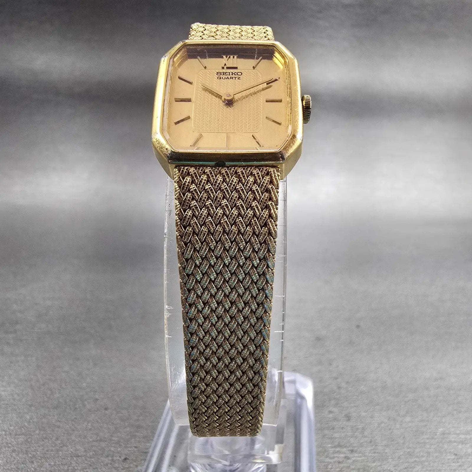 Seiko Watch Women 17mm Gold Dial Gold Tone Rectangle 1400-8089 New Battery VTG5