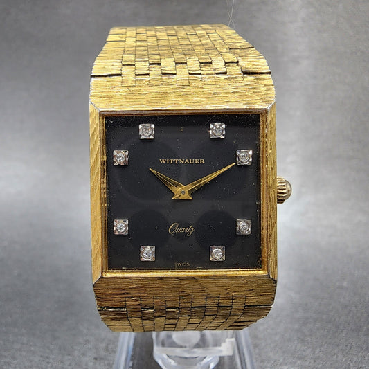 Wittnauer Tank Watch Men 25mm Black Dial Gold Tone Rectangle New Battery0