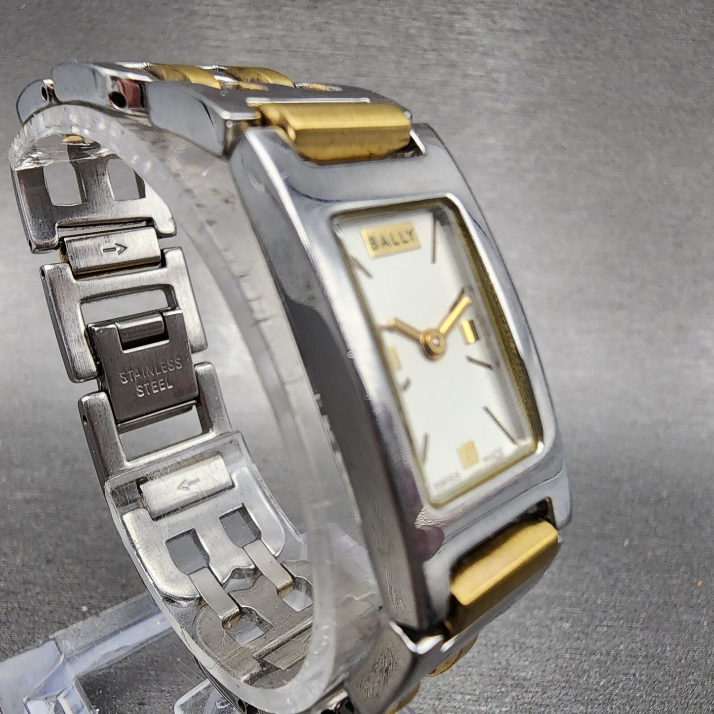 Bally Tank Watch Women 14mm White Dial Two Tone Rectangle A160A179 New Battery3