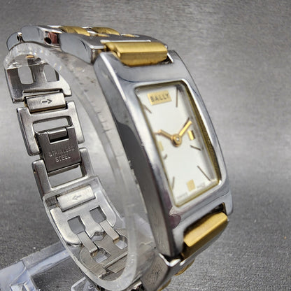 Bally Tank Watch Women 14mm White Dial Two Tone Rectangle A160A179 New Battery3