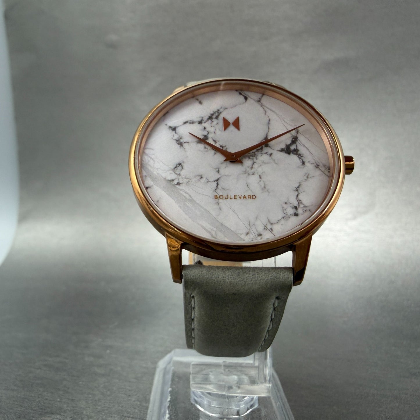 MVMT Boulevard Watch Women 38mm White Stone Dial Rose Gold Leather New Battery O5
