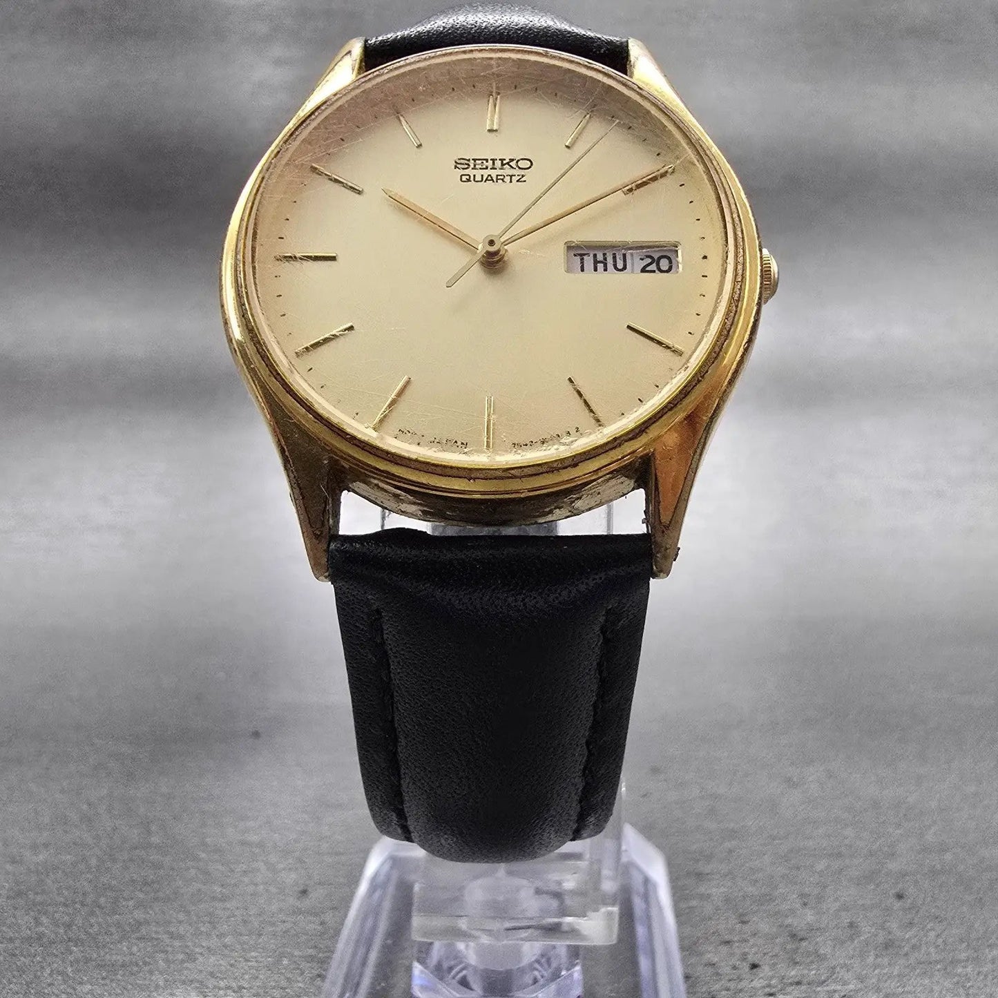 Seiko Watch Men 34mm Gold Dial Gold Tone Daydate Round 7N43-8A89 New Battery VTG5