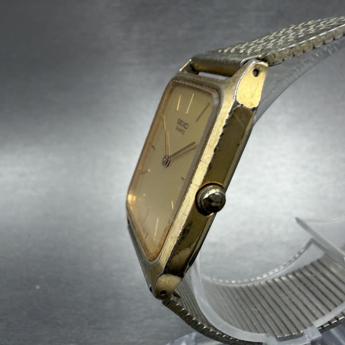 Seiko Tank Watch Men 26mm Champagne Dial Gold Tone Rectangle 6530-5500 New Batt2