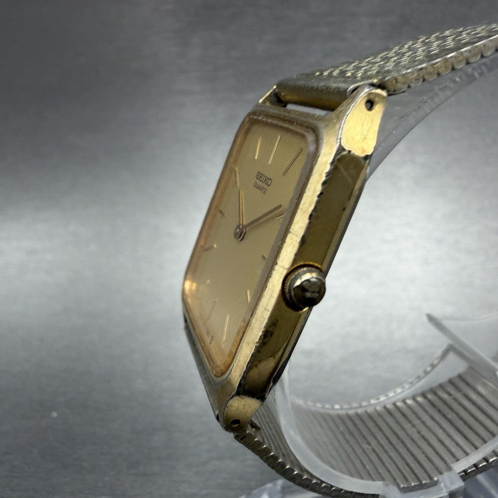 Seiko Tank Watch Men 26mm Champagne Dial Gold Tone Rectangle 6530-5500 New Batt2