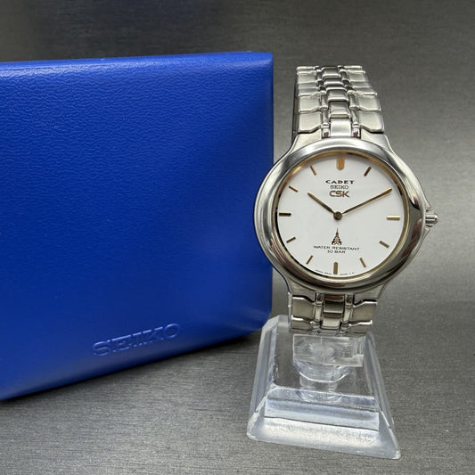Seiko CSK Cadet Watch Men 35mm White Dial Silver Tone 5E30-6A40 New Battery0