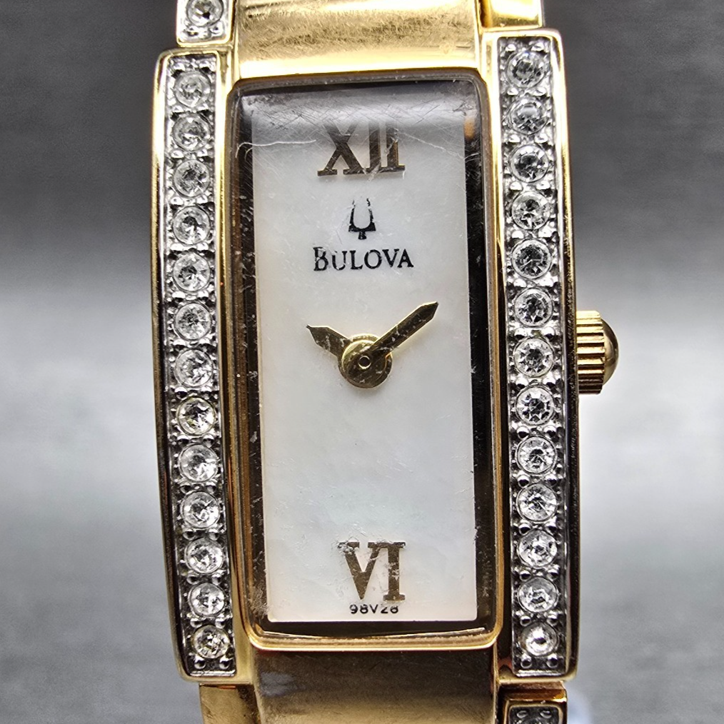 Bulova Watch Women 14mm MOP Dial Gold Tone Crystals Rectangle 98V28 New Battery1