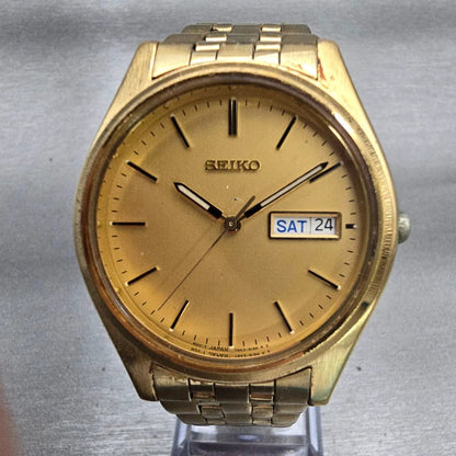 Seiko Watch Men 37mm Gold Dial Gold Tone Daydate Round 7N43-9048 New Battery VTG0