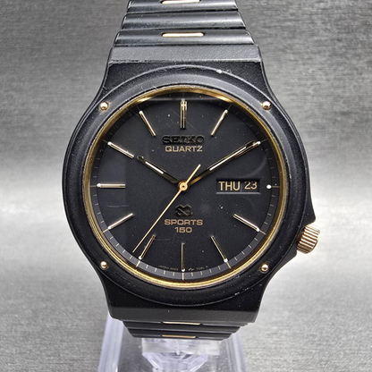Seiko Sports 150 Watch Men 37mm Black Dial Black&Gold Daydate 5H23-7029 New Batt0