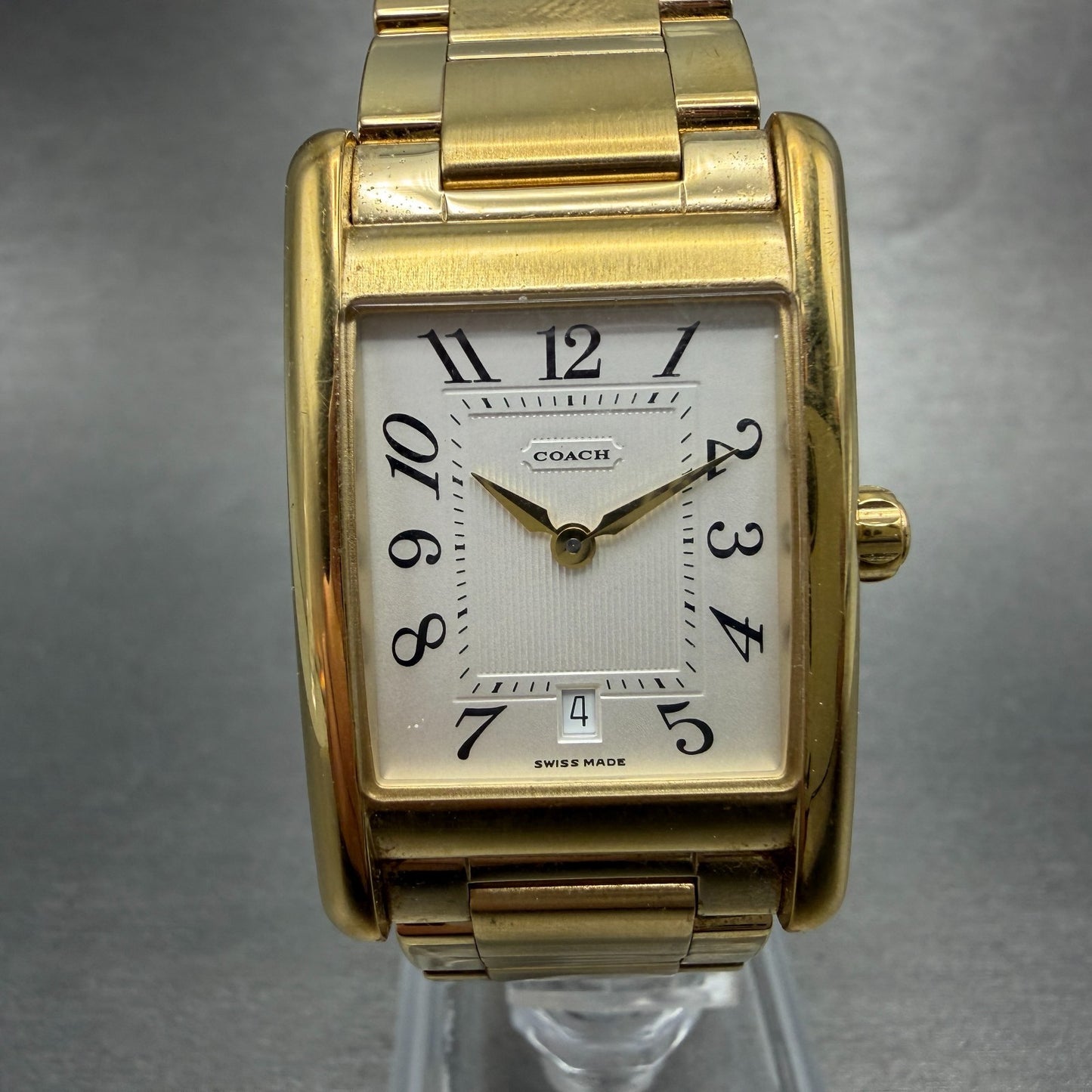 Coach Tank Watch Men 25mm Silver Dial Gold Tone Date 7.073.492 New Battery0