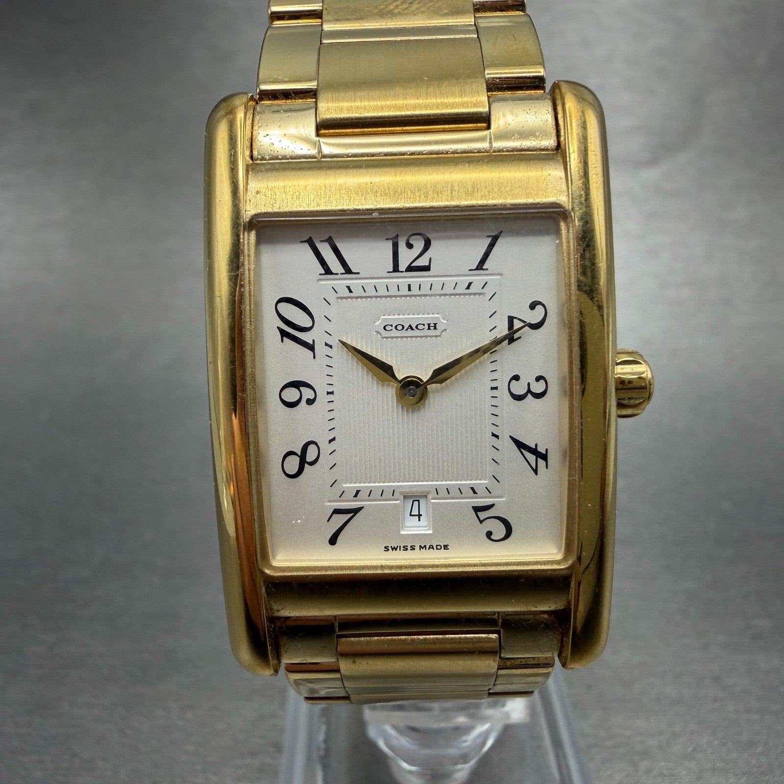 Coach Tank Watch Men 25mm Silver Dial Gold Tone Date 7.073.492 New Battery0