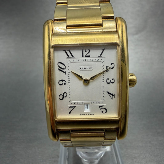 Coach Tank Watch Men 25mm Silver Dial Gold Tone Date 7.073.492 New Battery0