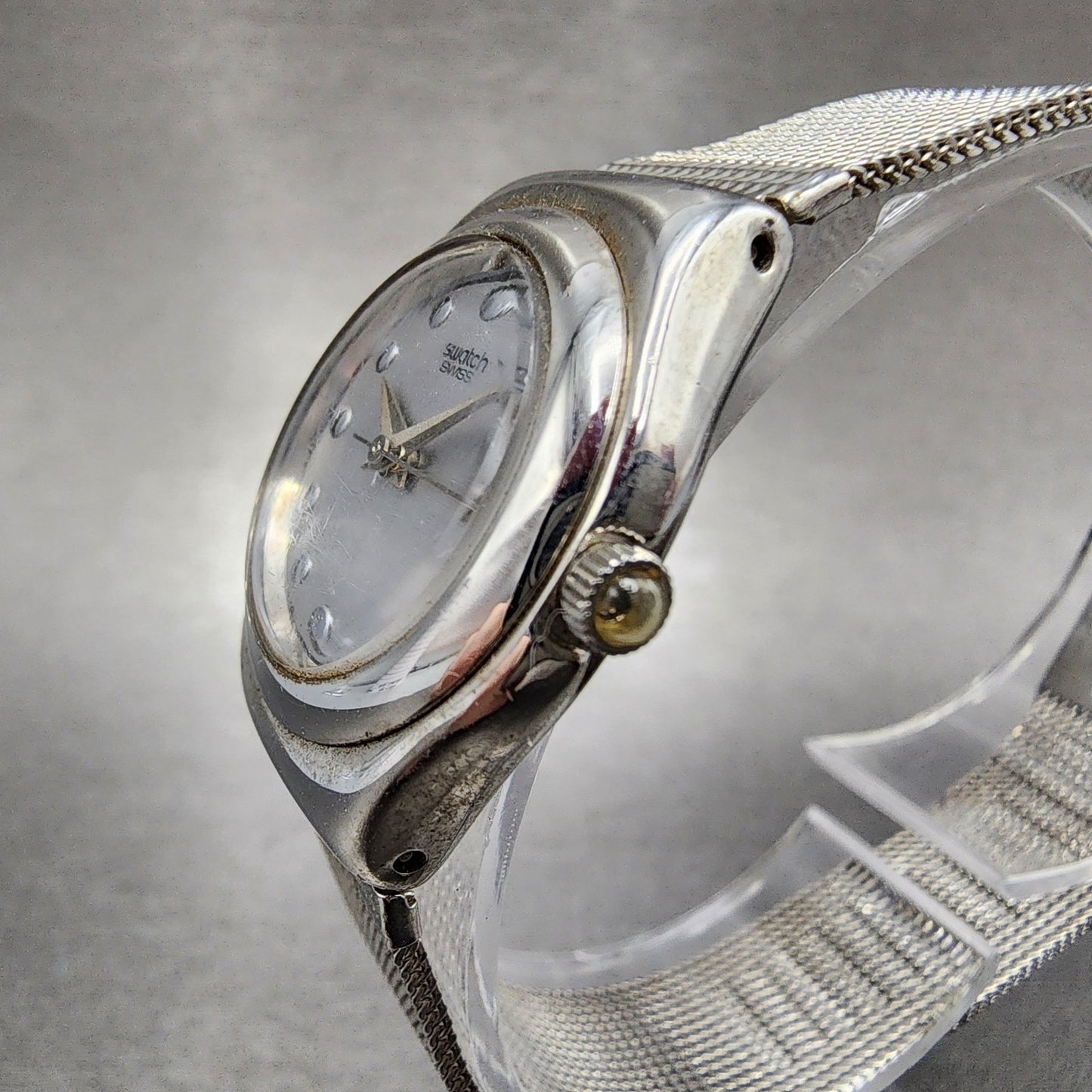 Swatch Irony Libertine Watch Women 24mm Silver Dial Steel Mesh Band New Battery