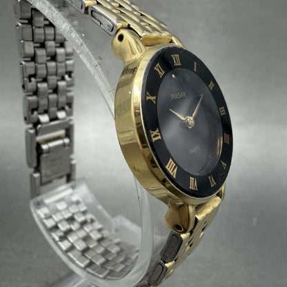 Seiko Pulsar Watch Women 22mm Black Dial Gold Tone Round V4000270 New Battery3