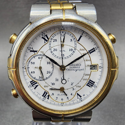 Seiko Chronograph Watch Men 36mm White Dial Two Tone Date Alarm 7T327A09 PARTS2