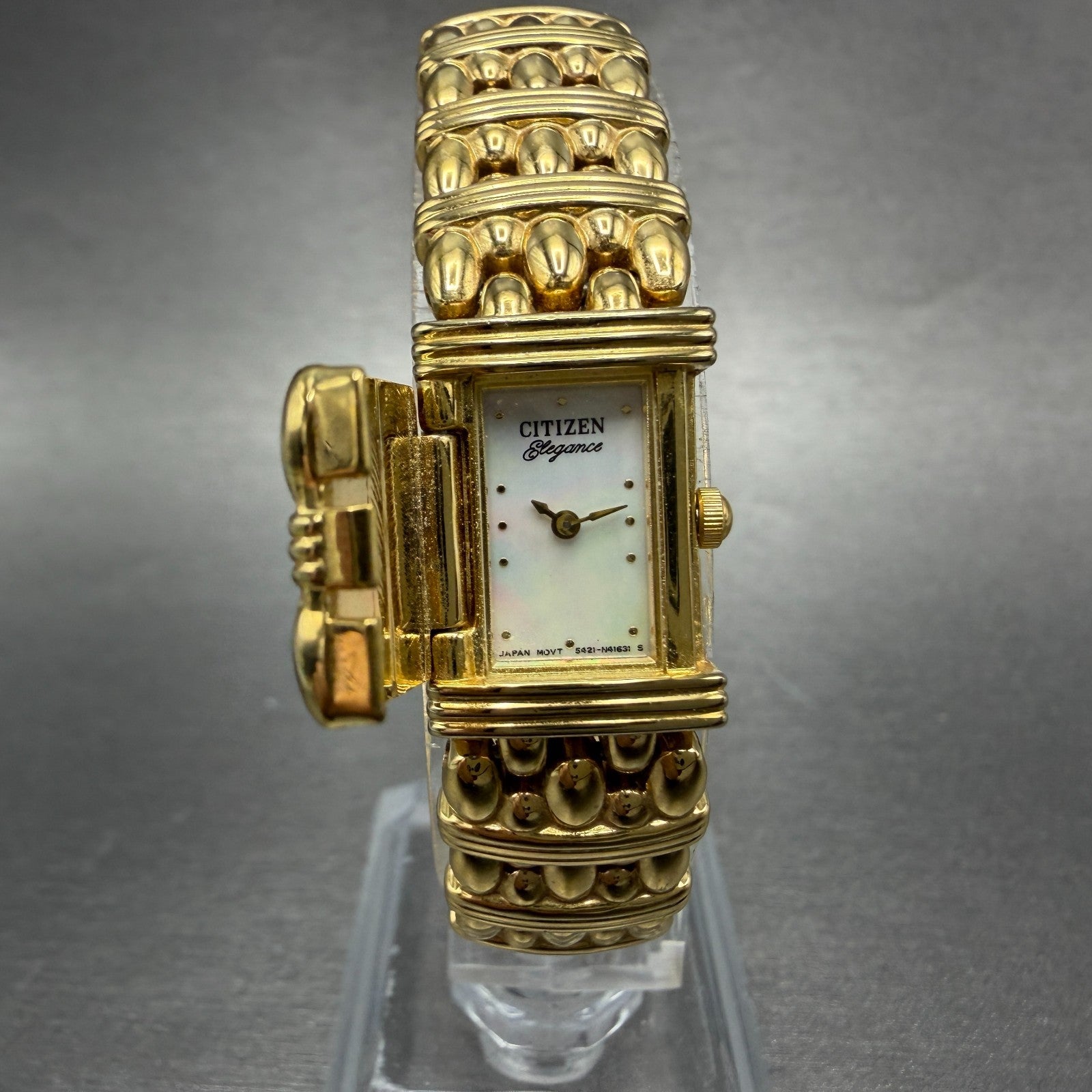 Citizen Elegance Tank Watch Women 14mm MOP Dial Gold Tone Flip Cover NewBattery90