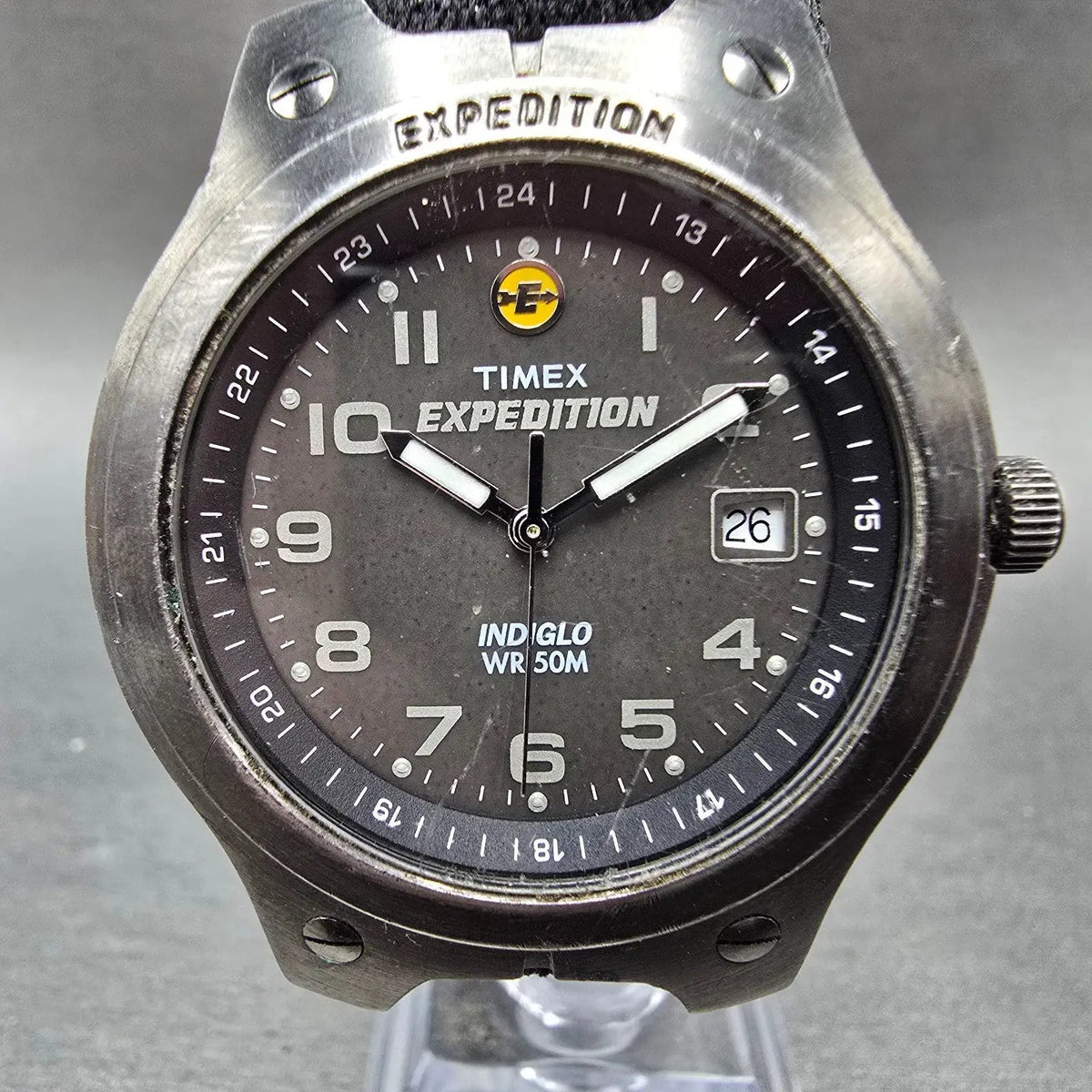 Timex Expedition Watch Men 38mm Black Dial Gray Date Round Indiglo New Battery0