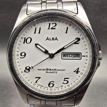 Seiko Alba Watch Men 34mm White Dial Silver Tone Daydate Round V333-7030 New Bat1