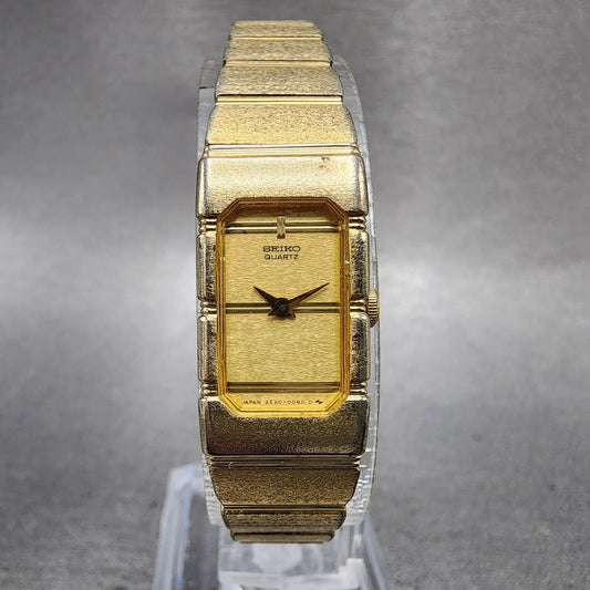 Seiko Tank Watch Women 13mm Champagne Dial Gold Tone 2e205030 New Battery0