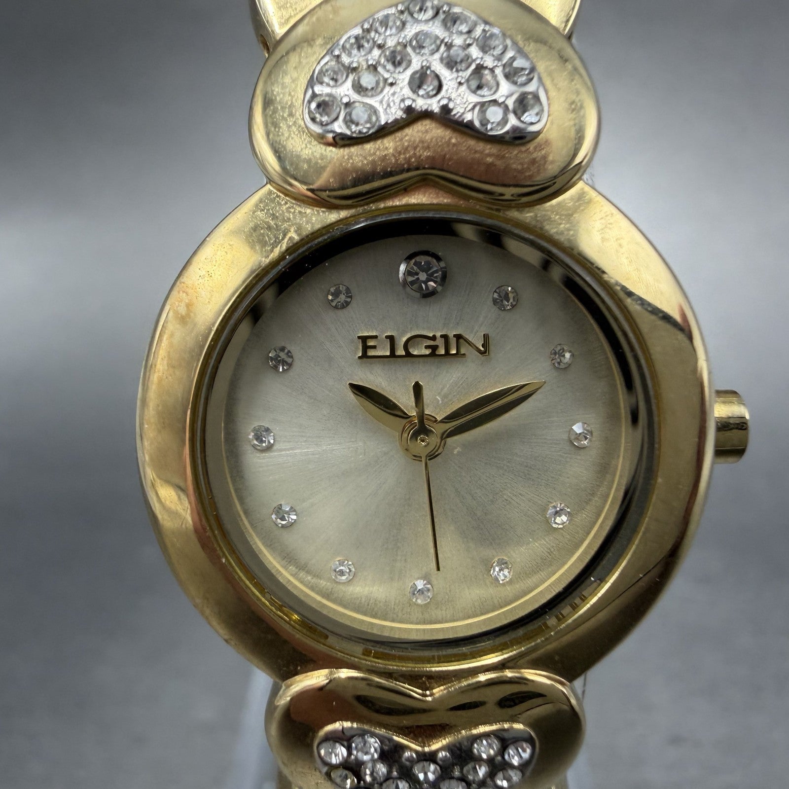 Elgin Watch Women 22mm Champagne Dial Gold Tone Hearts Crystals New Battery1