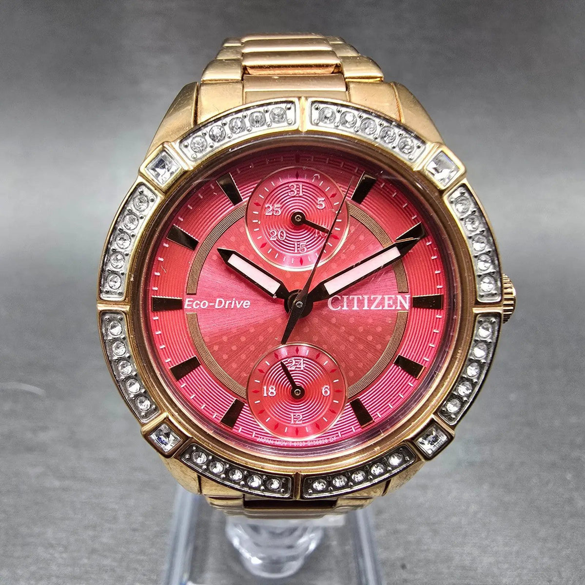 Citizen Eco-Drive Watch Women 33mm Red Dial Rose Gold Date Round Crystal Works0