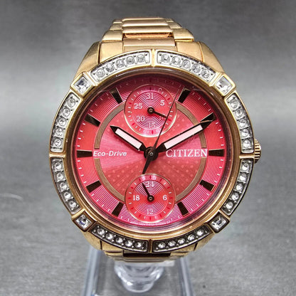 Citizen Eco-Drive Watch Women 33mm Red Dial Rose Gold Date Round Crystal Works0