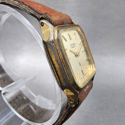 Citizen CQ Tank Watch Women 20mm Champagne Dial Gold Tone 3220320697 NewBattery3