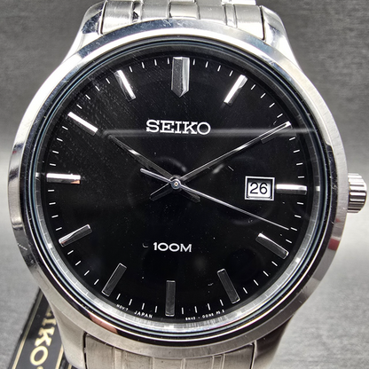 Seiko Watch Men 41mm Black Dial Silver Tone Date Round 6N42-00F0 New Battery1
