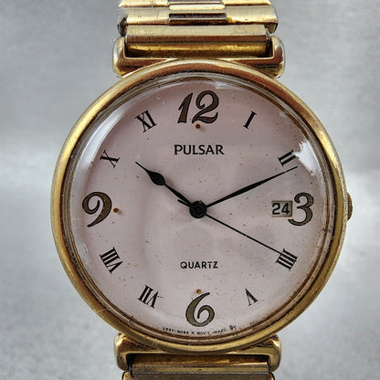 Seiko Pulsar Watch Men 33mm White Dial Gold Tone Date V5378a30 New Battery1