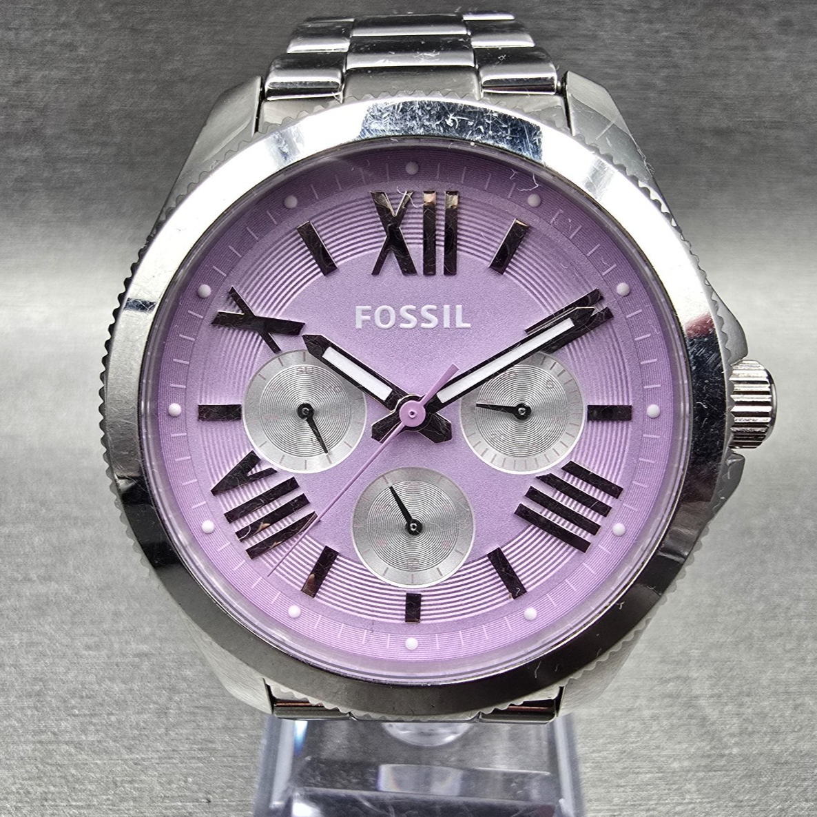 Fossil Cecile Watch Women 40mm Purple Dial Silver Tone Daydate AM4555 New Batt0