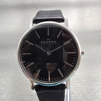 Skagen Steel Watch Men 35mm Black Dial Silver Tone Round 18LSLB New Battery0