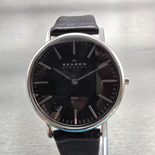 Skagen Steel Watch Men 35mm Black Dial Silver Tone Round 18LSLB New Battery0
