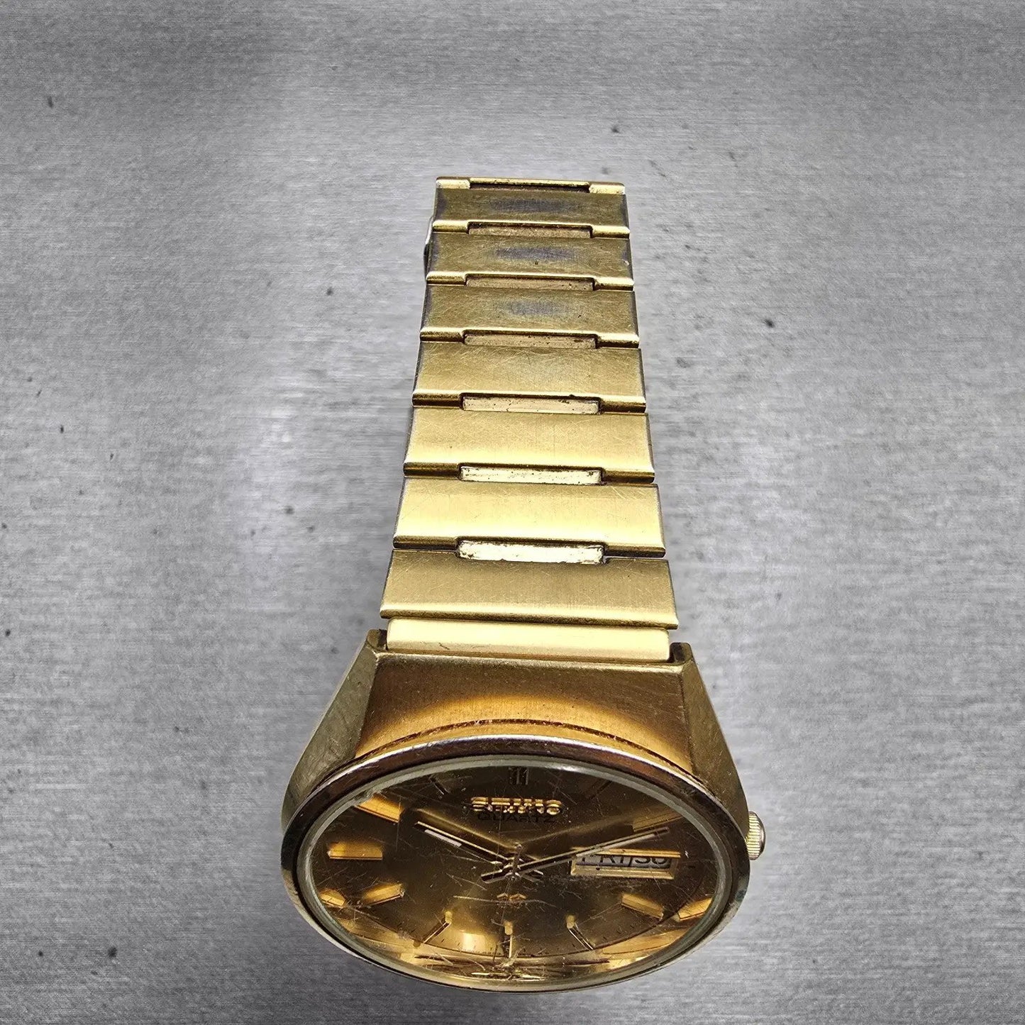 Seiko SQ Watch Men 34mm Gold Dial Gold Tone Daydate Round 8223-8009 New Battery4
