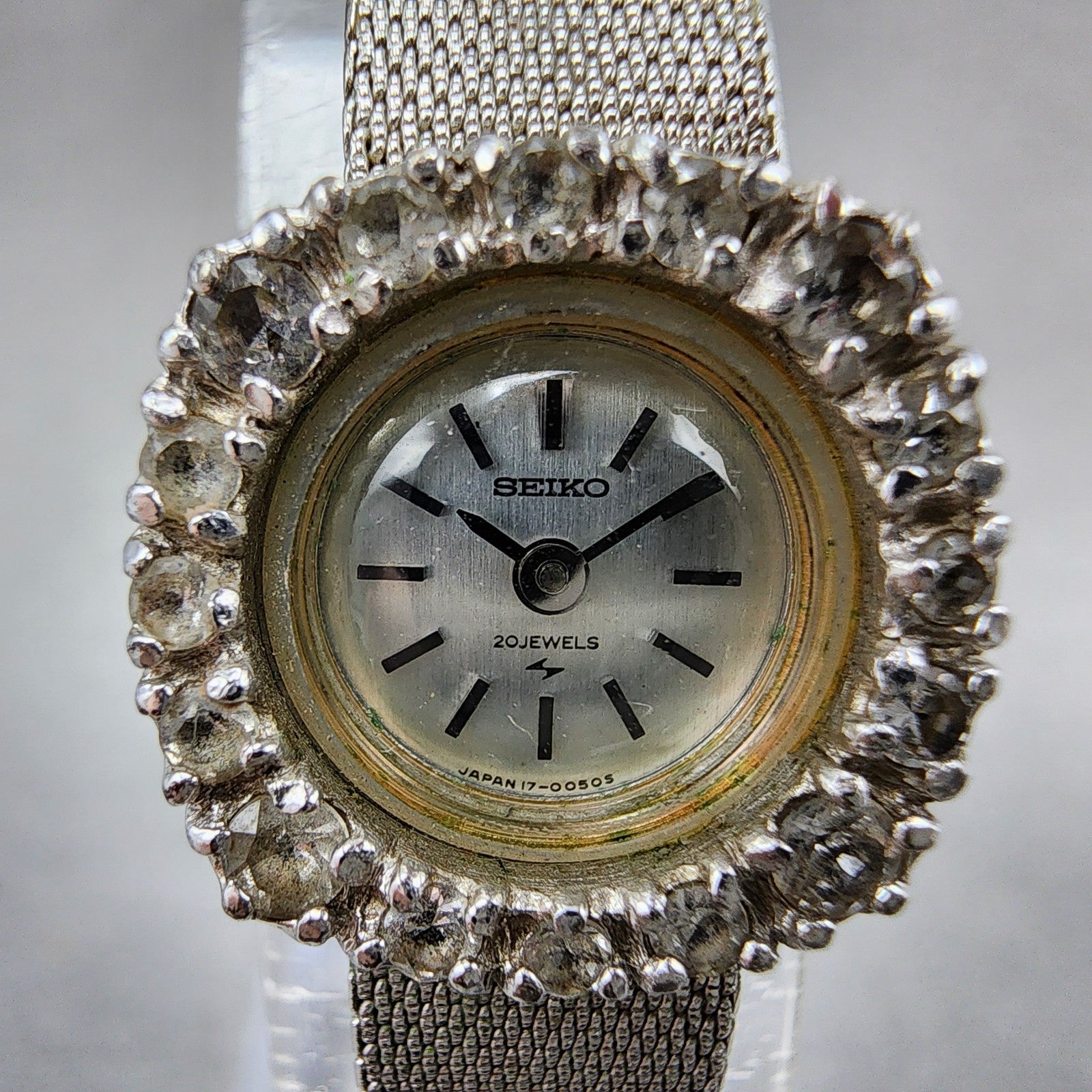 Seiko Watch Women 17mm Silver Dial White Gold Plated Gem Bezel Manual Wind1