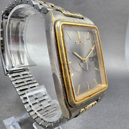 VTG Seiko Tank Watch Men 28mm Gray Dial Two Tone Daydate Rectangle New Battery
