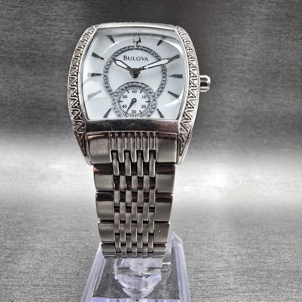 Bulova Watch Women 30mm MOP Dial Silver Tone Gemmed Tonneau 96R50 New Battery5