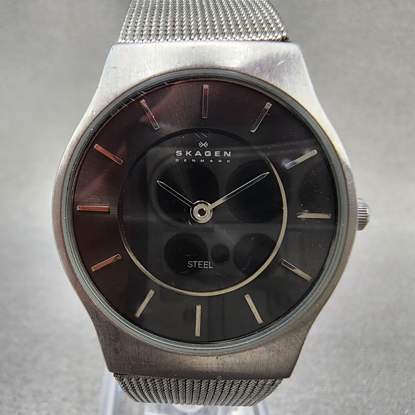 Skagen Watch Women 28mm Black Dial Stainless Steel Round Mesh Band New Battery1