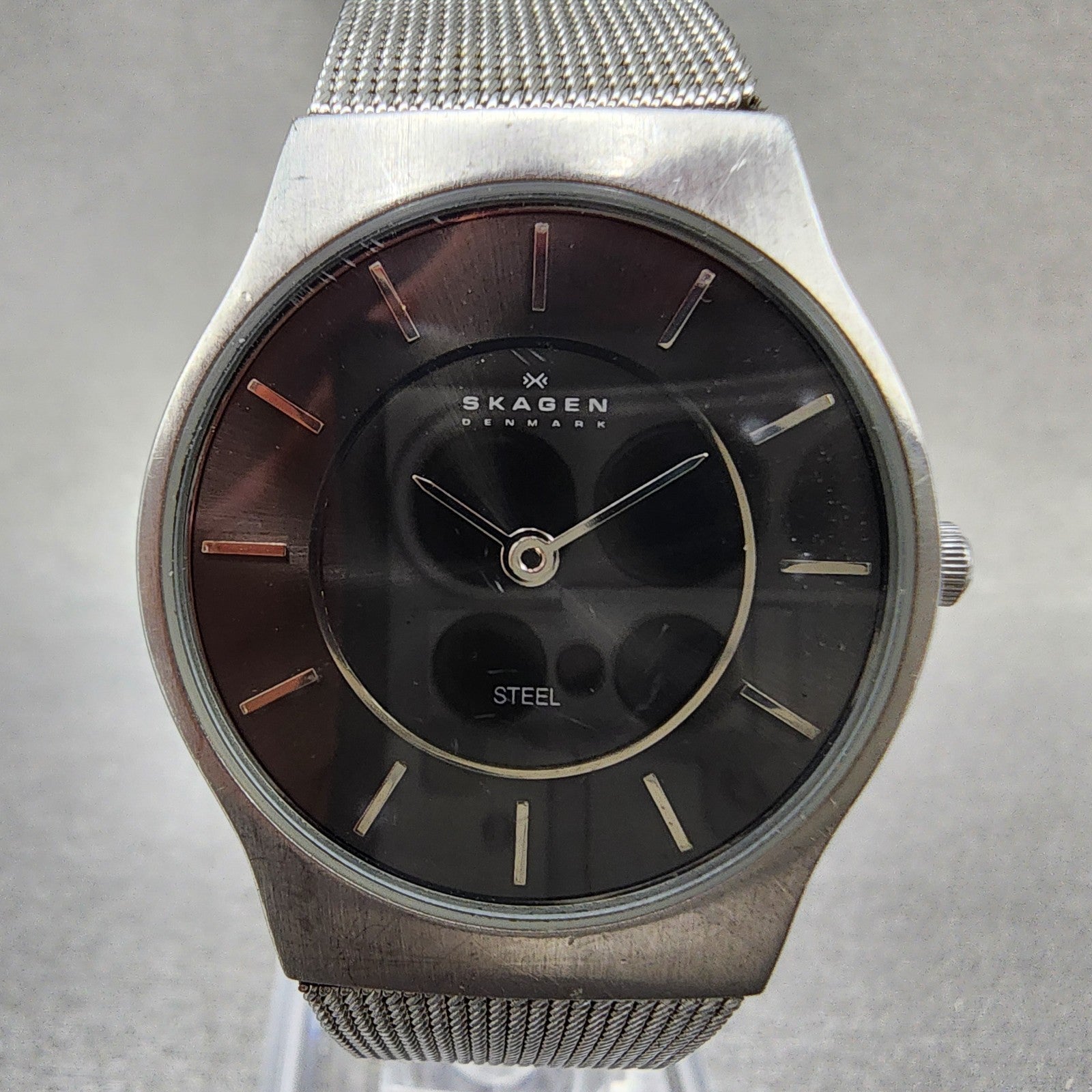 Skagen Watch Women 28mm Black Dial Stainless Steel Round Mesh Band New Battery1