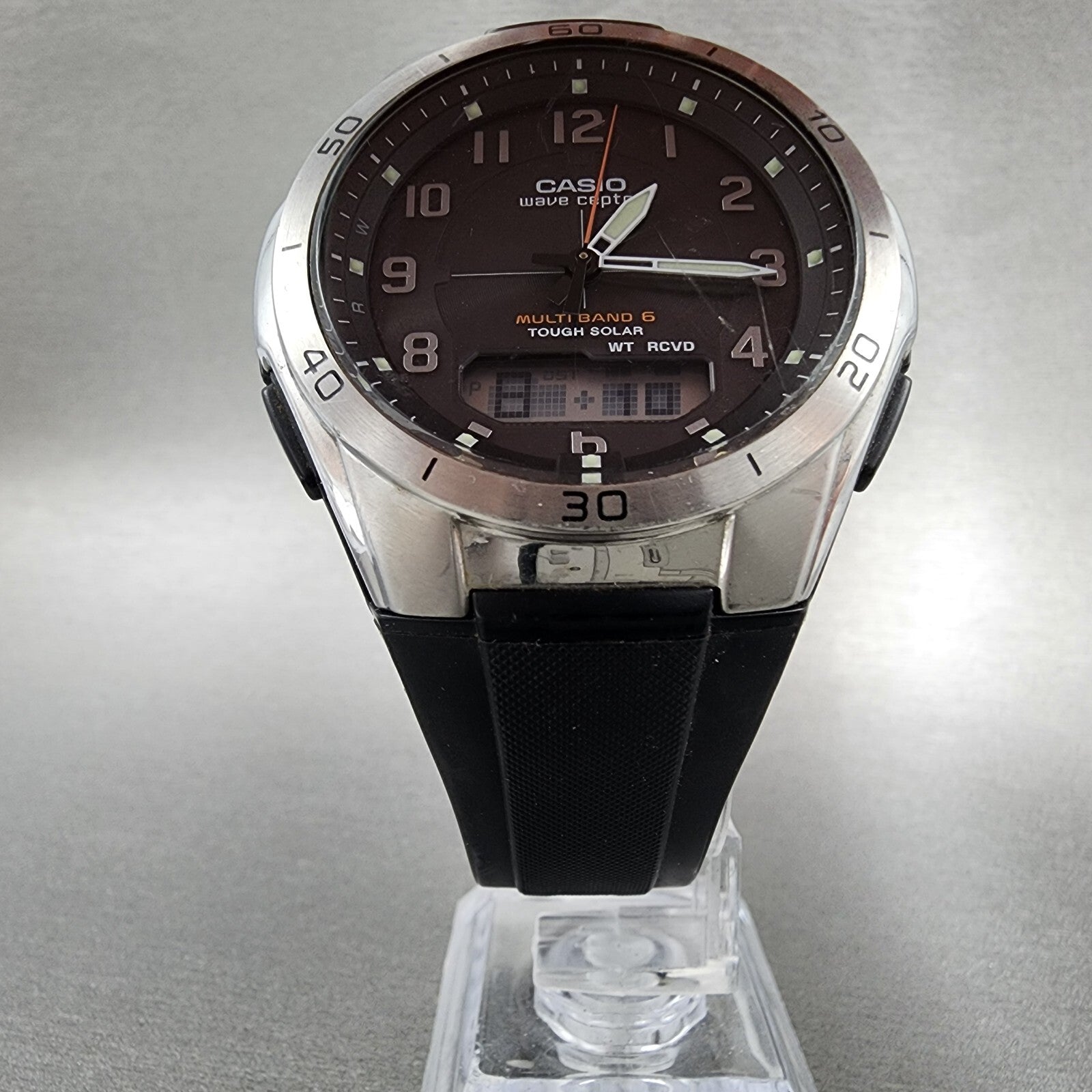 Casio Wave Ceptor Watch Men 43mm Black Dial Silver Tone Analog Digital  Solar5