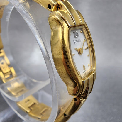 Bulova Watch Women 15mm White Dial Gold Tone Rectangle 97S44 New Battery3