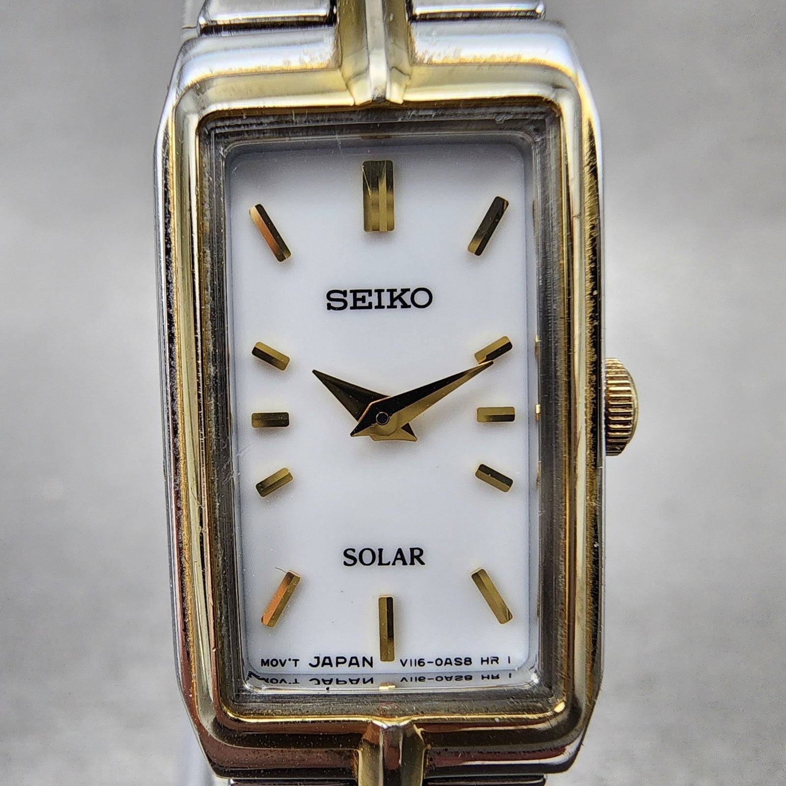 Seiko Solar Tank Watch Women 15mm White Dial Two Tone Rectangle V1160ah0 Runs A1