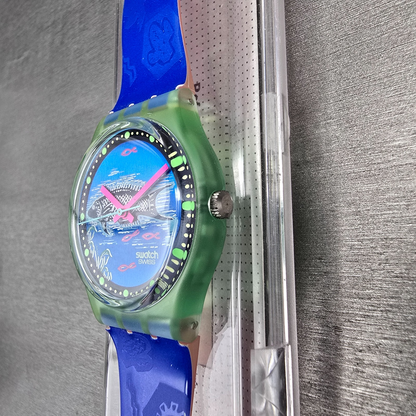 Swatch Frische Fische Watch Men 34mm Blue Dial Green Case GG116 New Battery NOS4