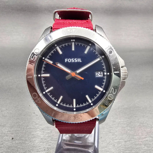 Fossil Retro Traveler Watch Men 46mm Blue Dial Silver Tone Date AM4476 New Batt0