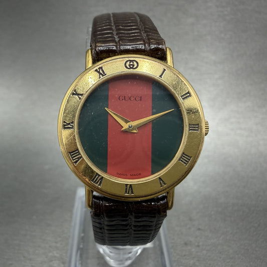 Gucci 3000L Watch Women 26mm Red Green Dial Gold Plated Round Leather New Batt0