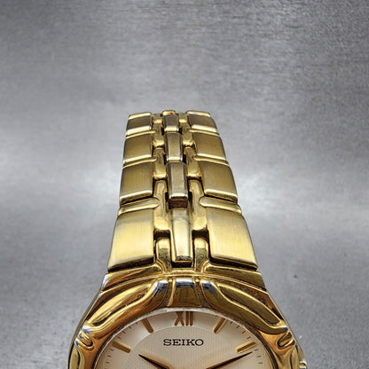 Seiko Watch Men 37mm White Dial Gold Date Round 7N420BD0 New Battery4