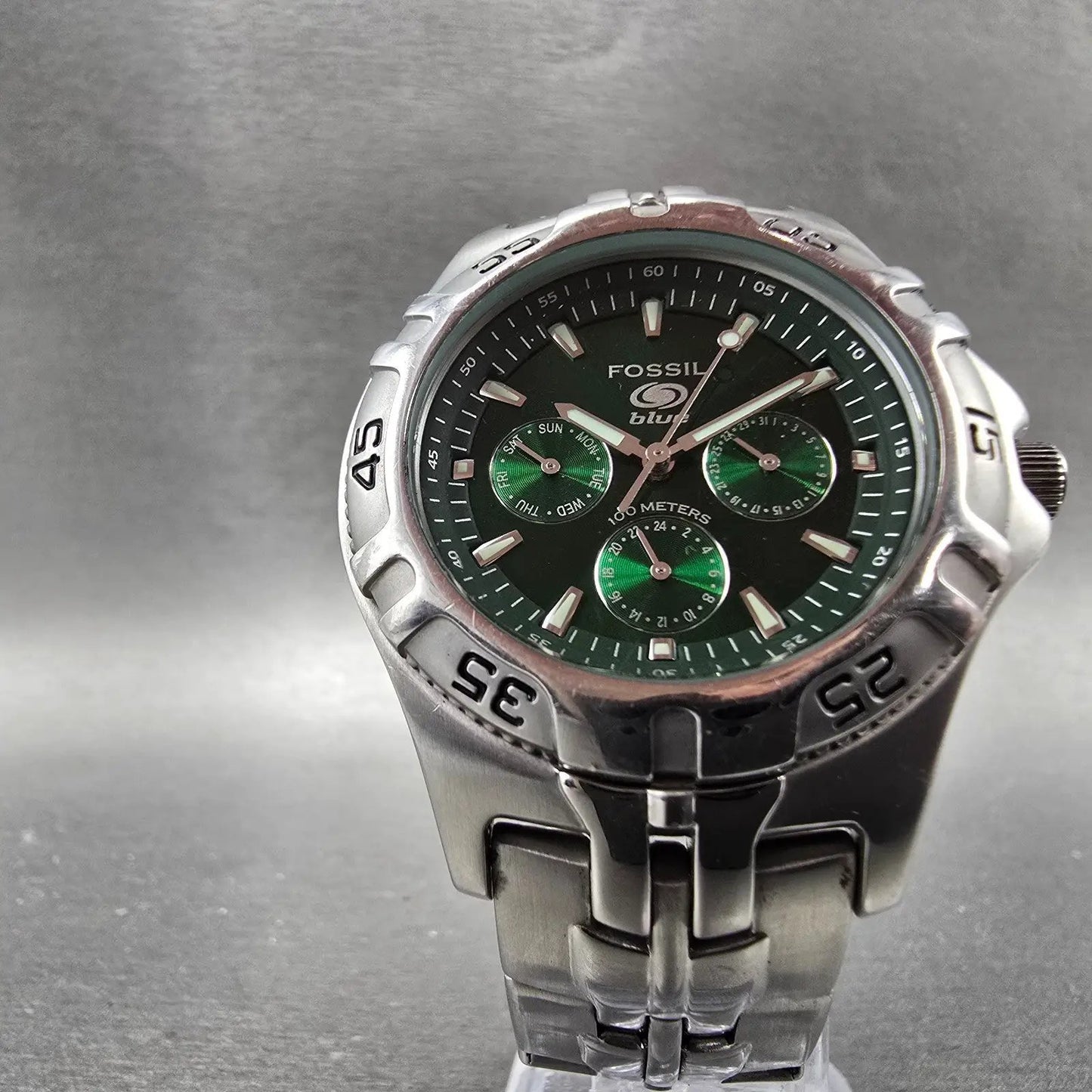 Fossil Dive Watch Men 40mm Green Dial Silver Tone Daydate Round New battery5