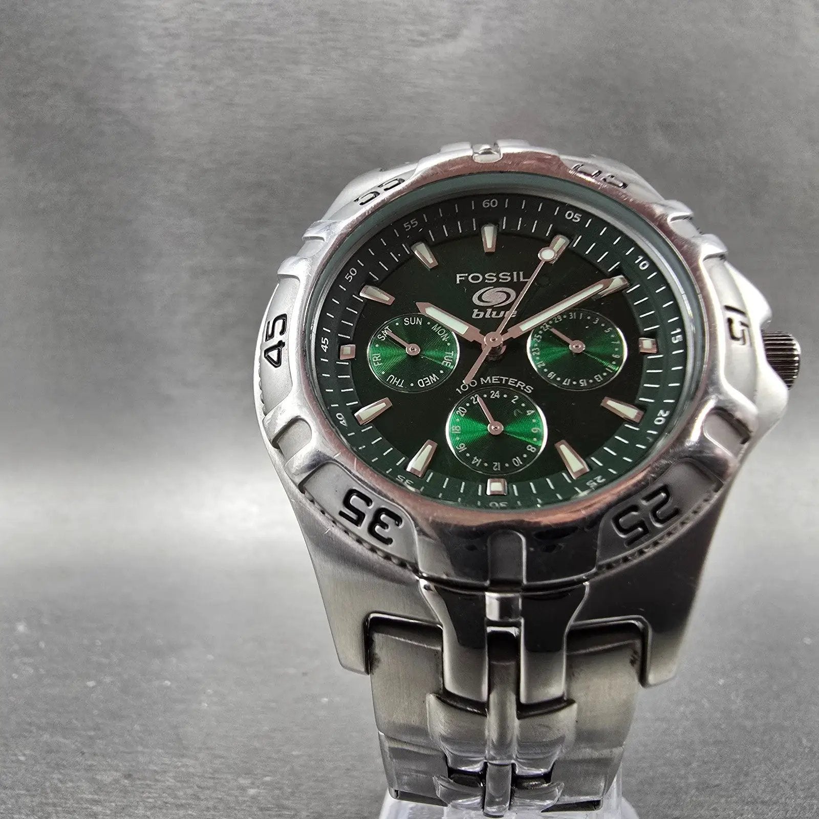 Fossil Dive Watch Men 40mm Green Dial Silver Tone Daydate Round New battery5
