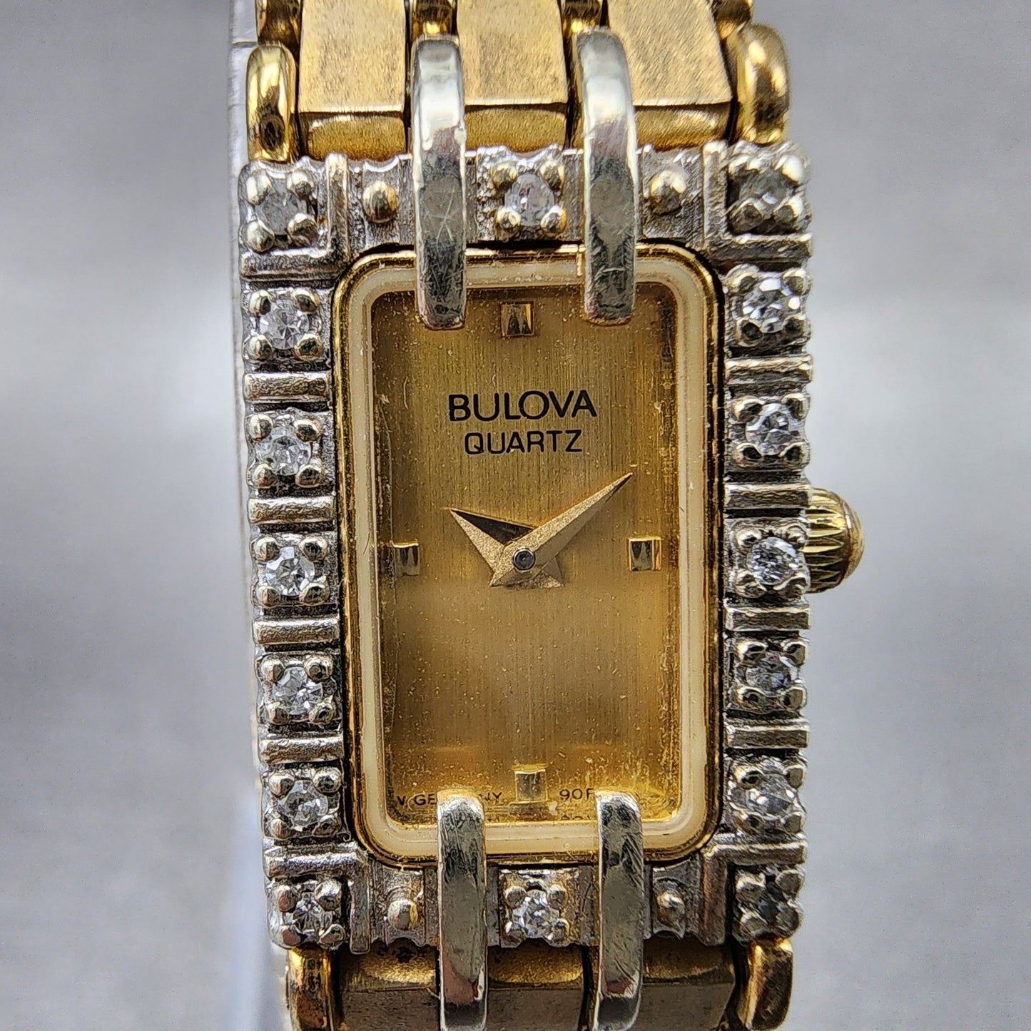 Bulova Tank Watch Women 14mm Gold Dial Gold Tone Diamond Bezel 90F26 New Battery1